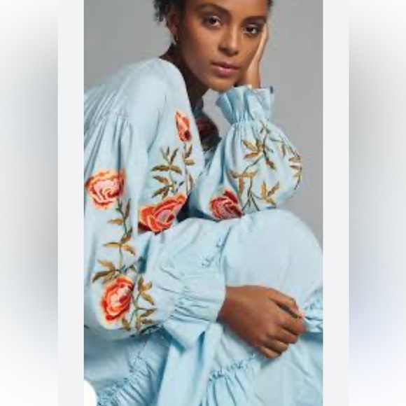 Anthropologie Samant Chauhan Tiered Embroidered Maxi Dress, Blue Size M NWT - Picture 6 of 12